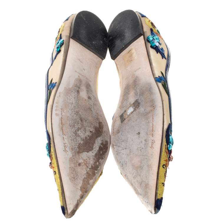 Pre Owned Dolce & Gabbana Multicolor Embroidered Mesh and Patent Leather Trim Mojolica Jewel Embellished Pointed Toe Ballet Flat Size 41