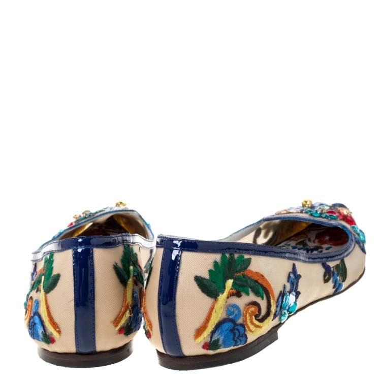 Pre Owned Dolce & Gabbana Multicolor Embroidered Mesh and Patent Leather Trim Mojolica Jewel Embellished Pointed Toe Ballet Flat Size 41
