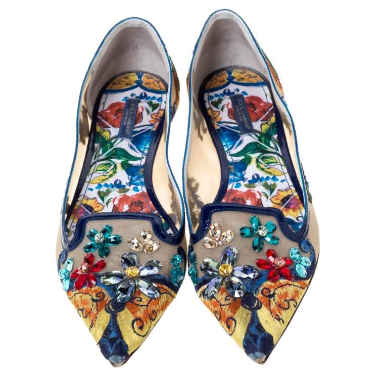 Pre Owned Dolce & Gabbana Multicolor Embroidered Mesh and Patent Leather Trim Mojolica Jewel Embellished Pointed Toe Ballet Flat Size 41