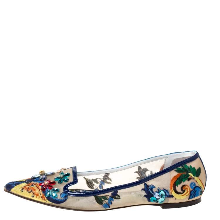 Pre Owned Dolce & Gabbana Multicolor Embroidered Mesh and Patent Leather Trim Mojolica Jewel Embellished Pointed Toe Ballet Flat Size 41
