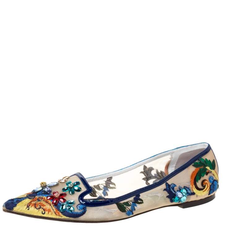 Pre Owned Dolce & Gabbana Multicolor Embroidered Mesh and Patent Leather Trim Mojolica Jewel Embellished Pointed Toe Ballet Flat Size 41
