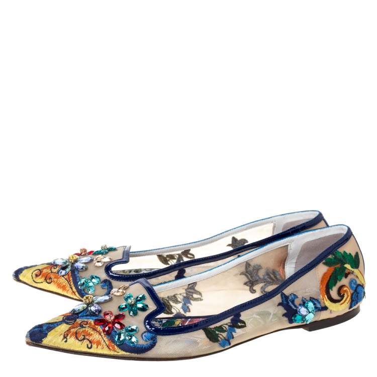Pre Owned Dolce & Gabbana Multicolor Embroidered Mesh and Patent Leather Trim Mojolica Jewel Embellished Pointed Toe Ballet Flat Size 41