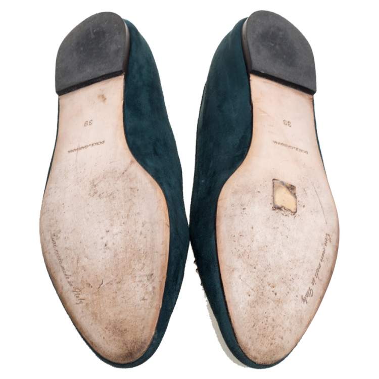 Pre Owned Dolce & Gabbana Green Suede Embellished Slip On Flats Size 39