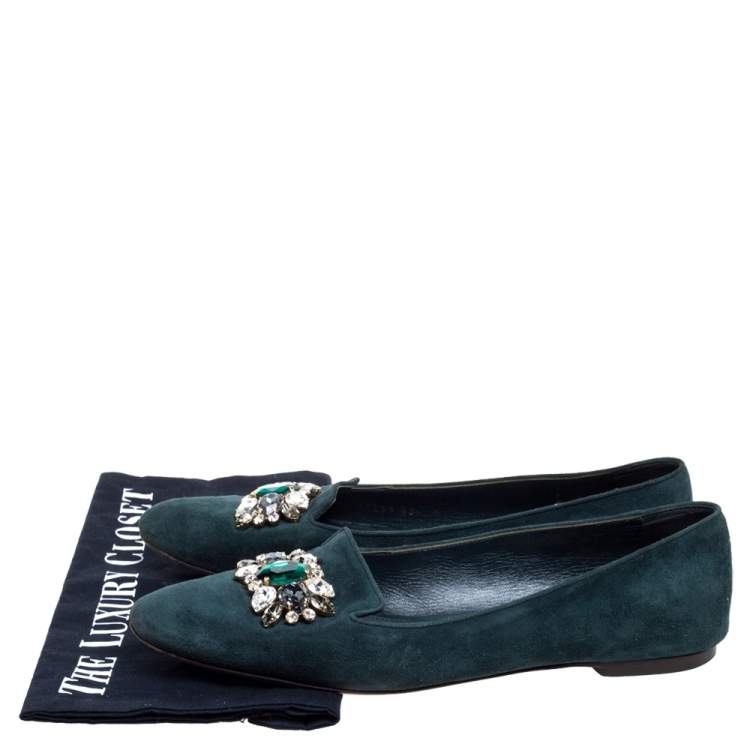 Pre Owned Dolce & Gabbana Green Suede Embellished Slip On Flats Size 39