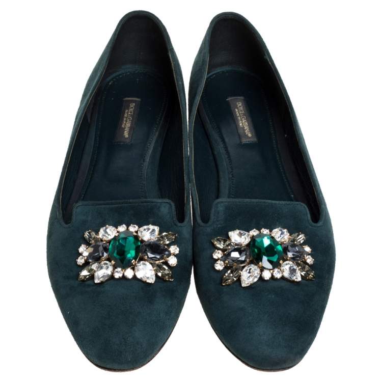 Pre Owned Dolce & Gabbana Green Suede Embellished Slip On Flats Size 39