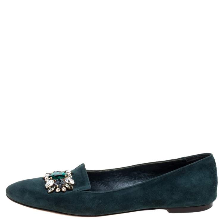 Pre Owned Dolce & Gabbana Green Suede Embellished Slip On Flats Size 39