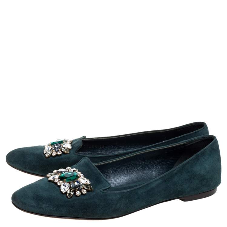 Pre Owned Dolce & Gabbana Green Suede Embellished Slip On Flats Size 39