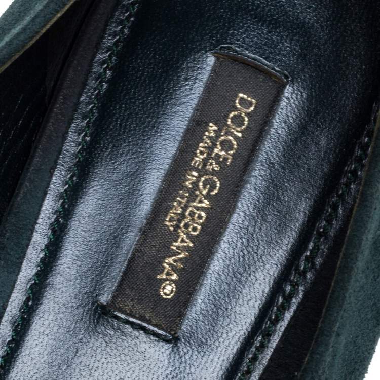Pre Owned Dolce & Gabbana Green Suede Embellished Slip On Flats Size 39