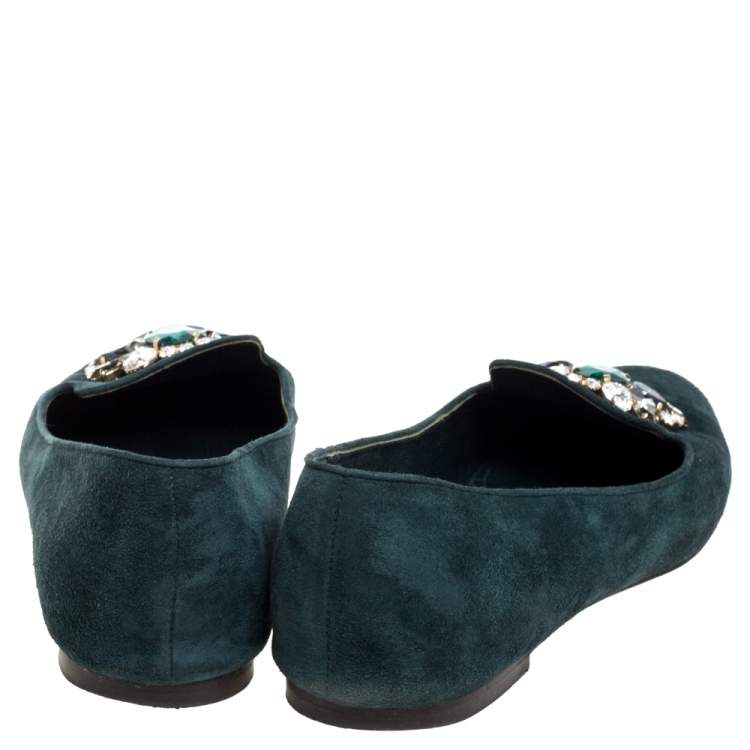 Pre Owned Dolce & Gabbana Green Suede Embellished Slip On Flats Size 39