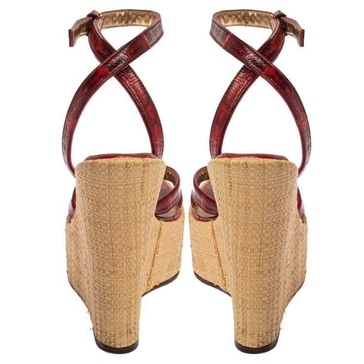 Pre Owned Dolce & Gabbana Red/Maroon Leather Raffia Wedge Ankle Wrap Sandals Size 35.5