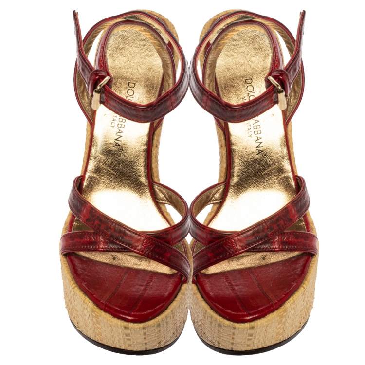 Pre Owned Dolce & Gabbana Red/Maroon Leather Raffia Wedge Ankle Wrap Sandals Size 35.5