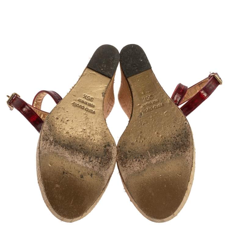 Pre Owned Dolce & Gabbana Red/Maroon Leather Raffia Wedge Ankle Wrap Sandals Size 35.5
