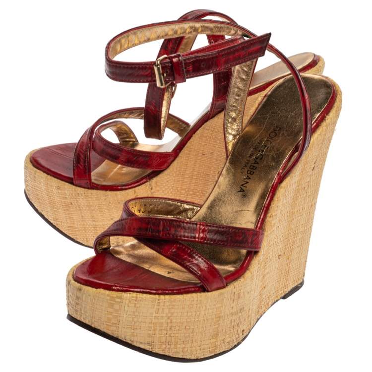 Pre Owned Dolce & Gabbana Red/Maroon Leather Raffia Wedge Ankle Wrap Sandals Size 35.5
