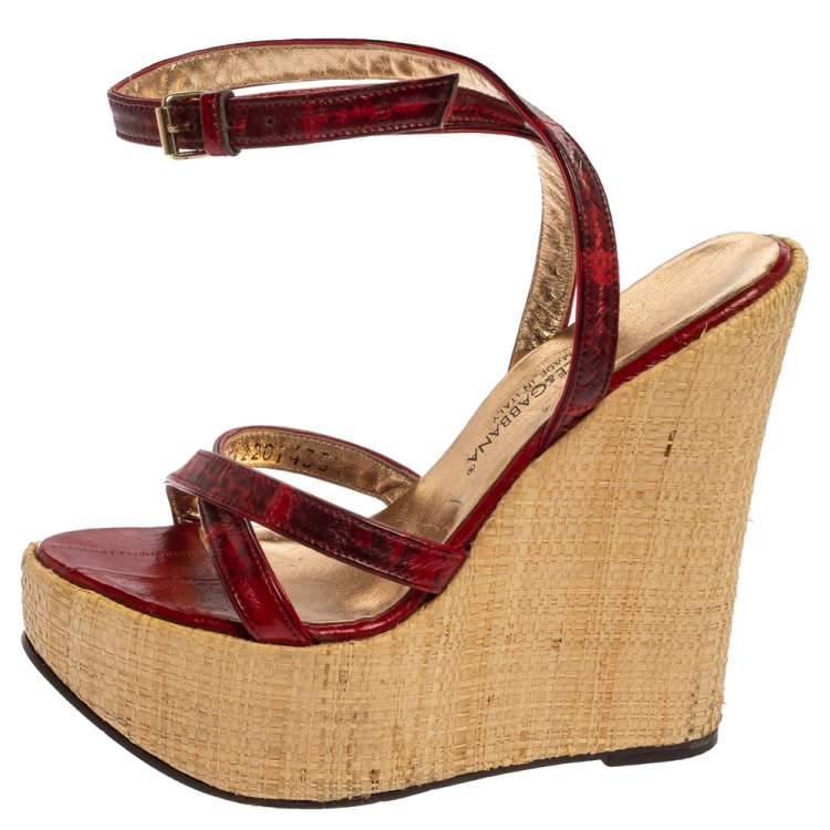 Dolce & Gabbana Red/Maroon Leather Raffia Wedge Ankle Wrap Sandals