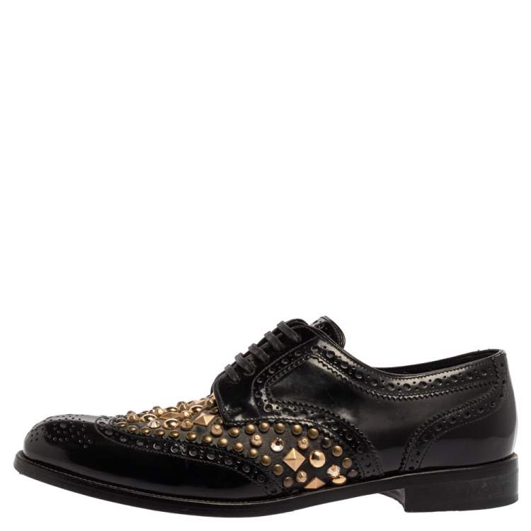 Pre Owned Dolce & Gabbana Black Brogue Leather Studded Embellished Lace Oxfords Size 39