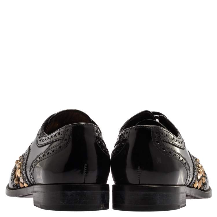 Pre Owned Dolce & Gabbana Black Brogue Leather Studded Embellished Lace Oxfords Size 39