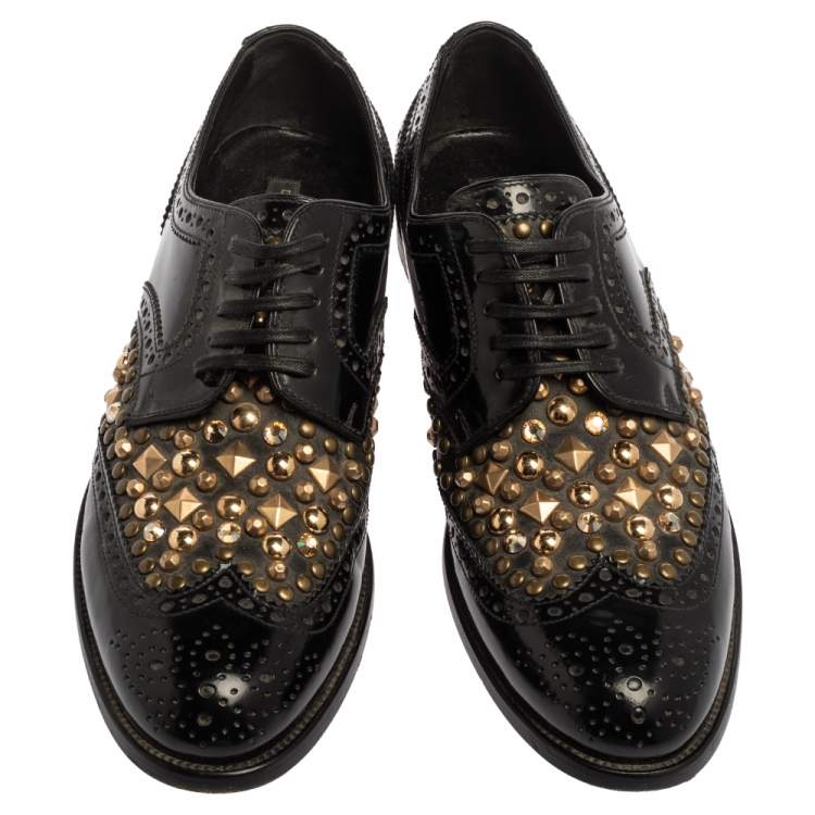 Pre Owned Dolce & Gabbana Black Brogue Leather Studded Embellished Lace Oxfords Size 39
