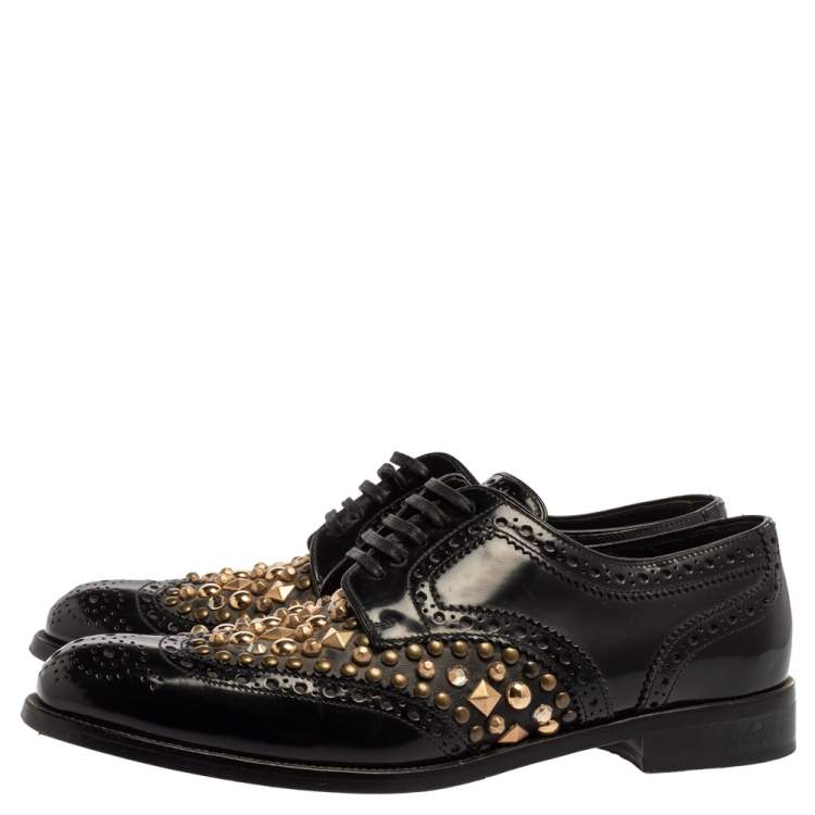 Pre Owned Dolce & Gabbana Black Brogue Leather Studded Embellished Lace Oxfords Size 39