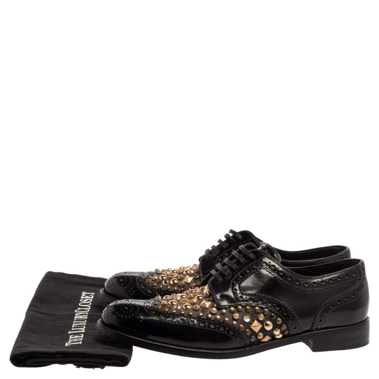 Pre Owned Dolce & Gabbana Black Brogue Leather Studded Embellished Lace Oxfords Size 39