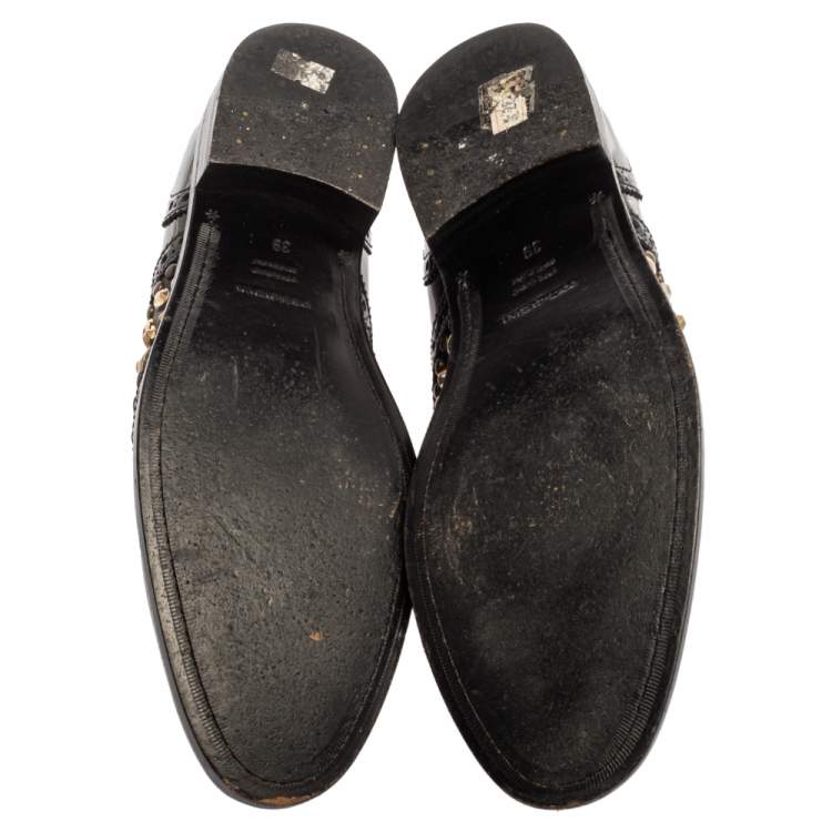 Pre Owned Dolce & Gabbana Black Brogue Leather Studded Embellished Lace Oxfords Size 39