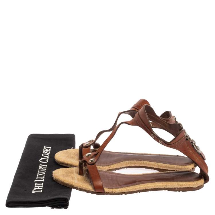 Pre Owned Dolce & Gabbana Brown Leather And Espadrille Ankle Strap Zipper Flats Size 38.5