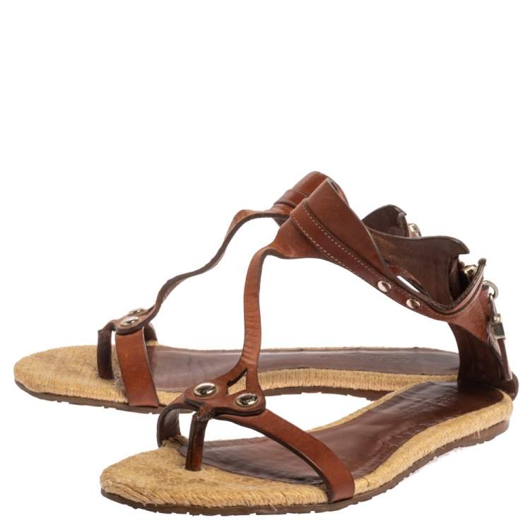 Pre Owned Dolce & Gabbana Brown Leather And Espadrille Ankle Strap Zipper Flats Size 38.5
