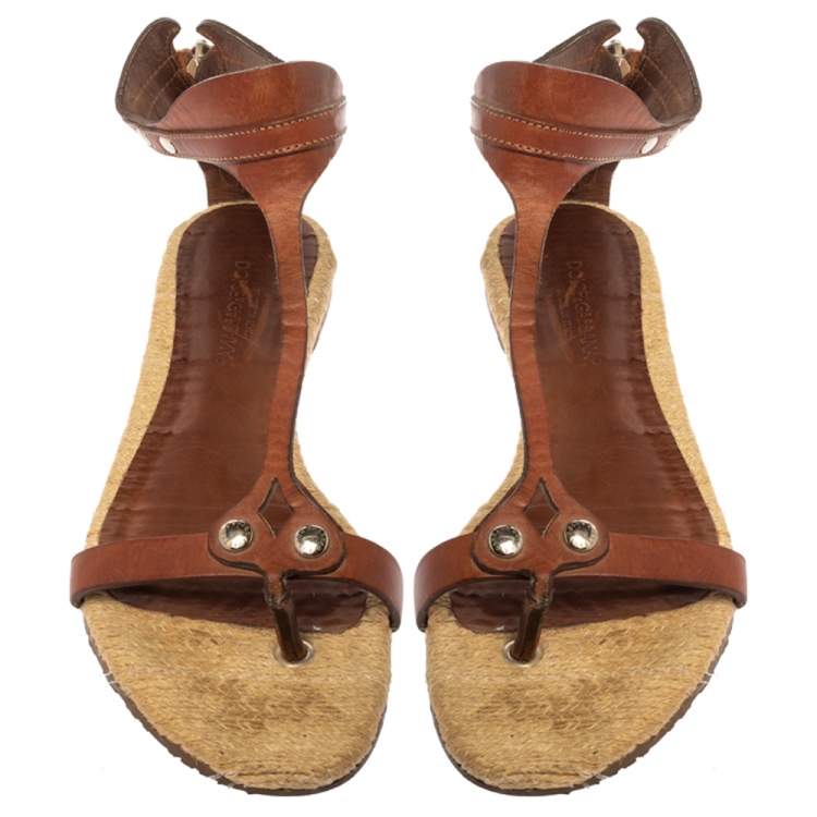 Pre Owned Dolce & Gabbana Brown Leather And Espadrille Ankle Strap Zipper Flats Size 38.5