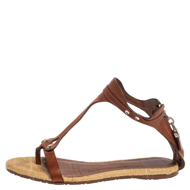 Pre Owned Dolce & Gabbana Brown Leather And Espadrille Ankle Strap Zipper Flats Size 38.5