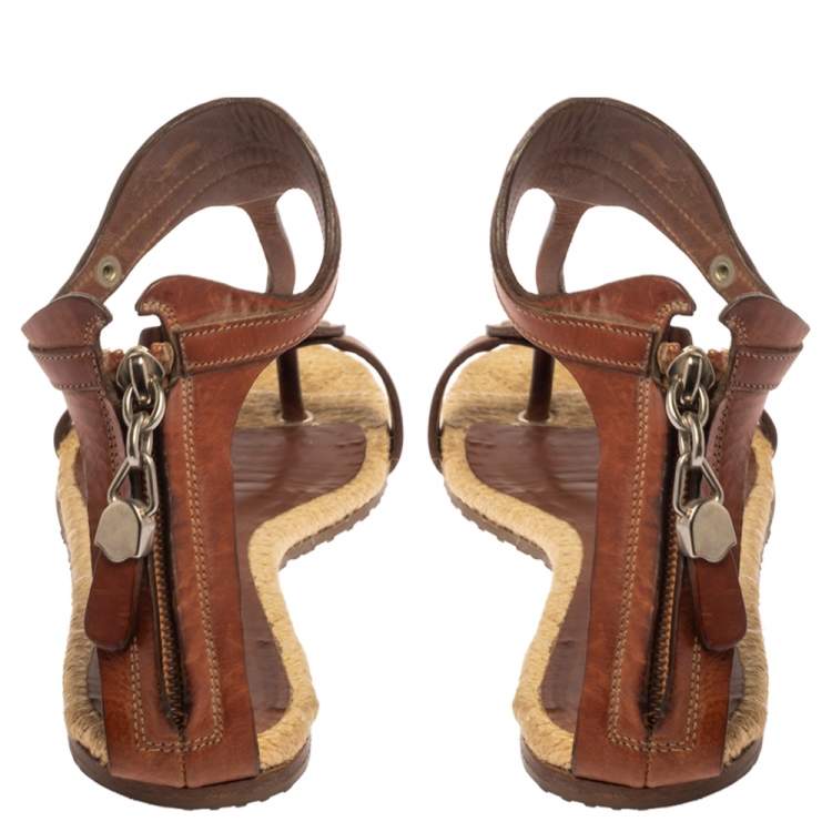 Pre Owned Dolce & Gabbana Brown Leather And Espadrille Ankle Strap Zipper Flats Size 38.5