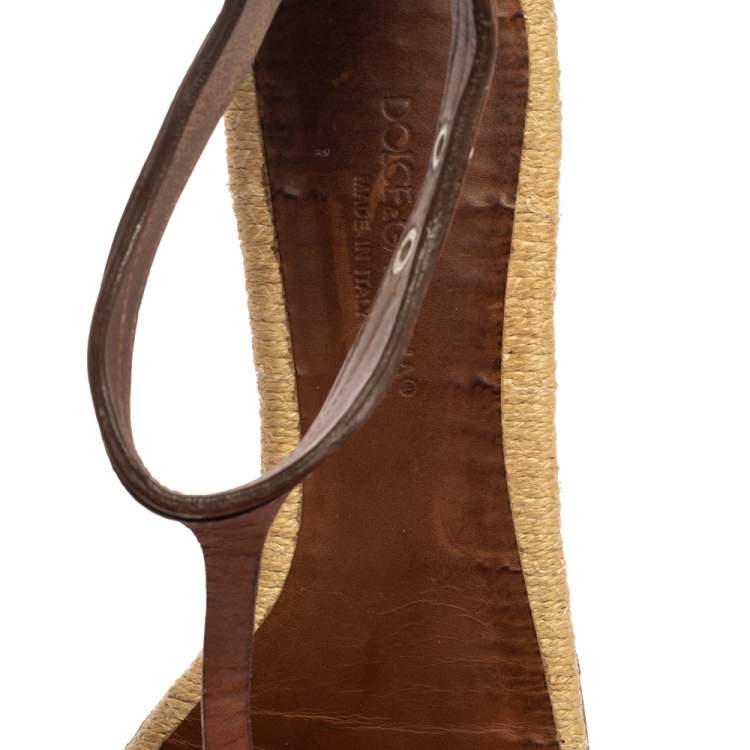 Pre Owned Dolce & Gabbana Brown Leather And Espadrille Ankle Strap Zipper Flats Size 38.5