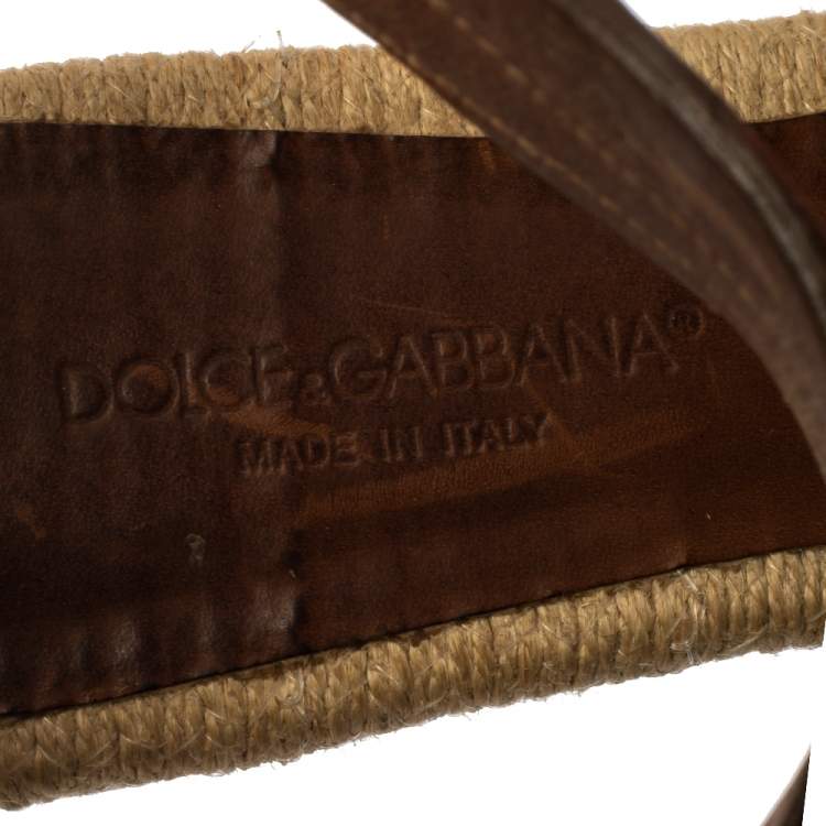 Pre Owned Dolce & Gabbana Brown Leather And Espadrille Ankle Strap Zipper Flats Size 38.5