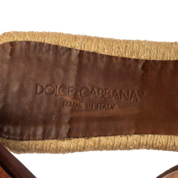 Pre Owned Dolce & Gabbana Brown Leather And Espadrille Ankle Strap Zipper Flats Size 38.5