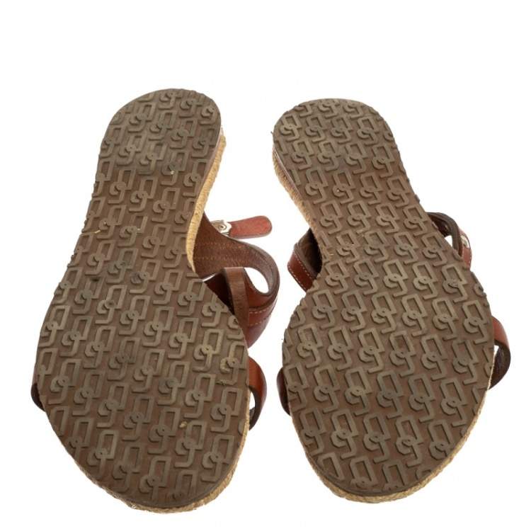 Pre Owned Dolce & Gabbana Brown Leather And Espadrille Ankle Strap Zipper Flats Size 38.5