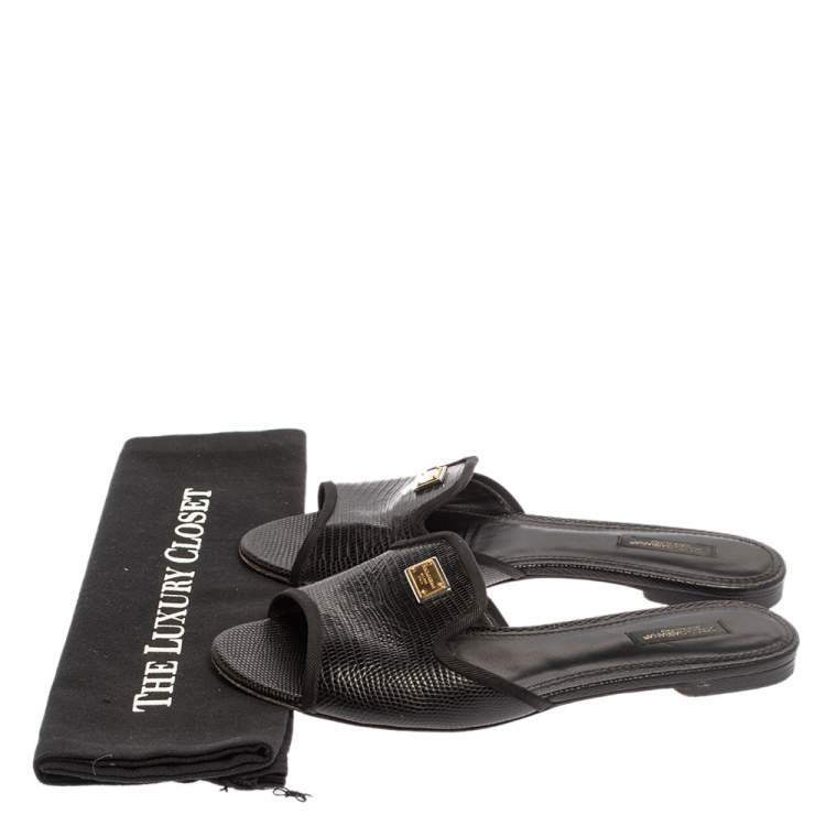 Pre Owned Dolce and Gabbana Black Lizard Embossed Leather Sofia Slides Size 39
