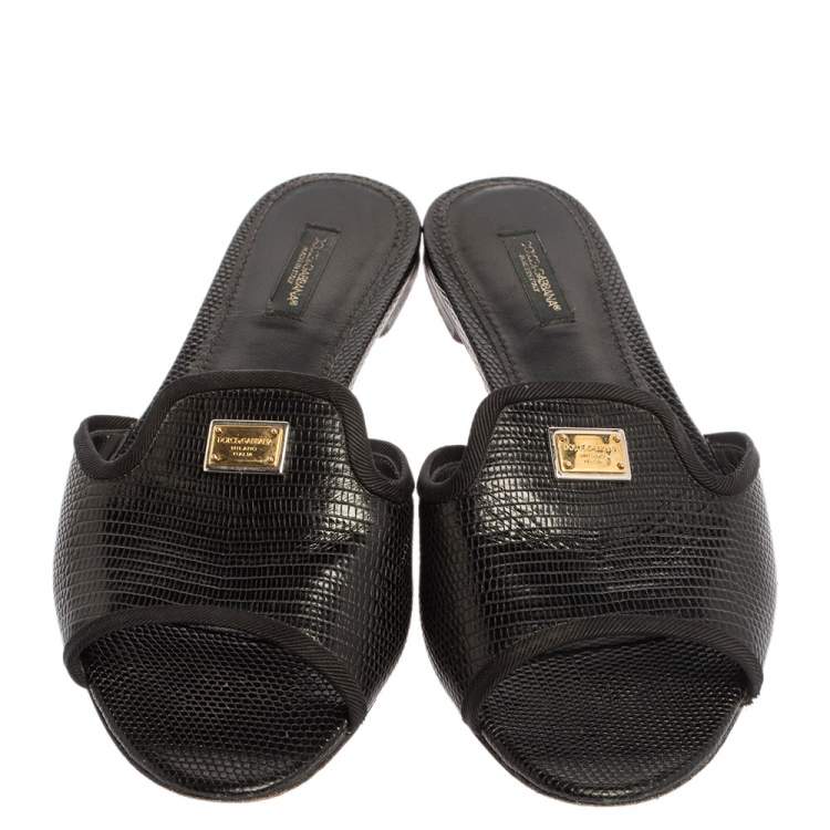 Pre Owned Dolce and Gabbana Black Lizard Embossed Leather Sofia Slides Size 39