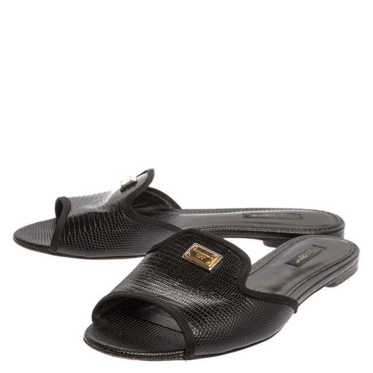 Pre Owned Dolce and Gabbana Black Lizard Embossed Leather Sofia Slides Size 39
