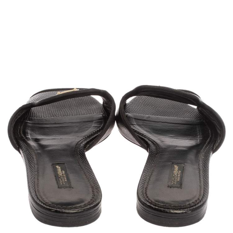 Pre Owned Dolce and Gabbana Black Lizard Embossed Leather Sofia Slides Size 39