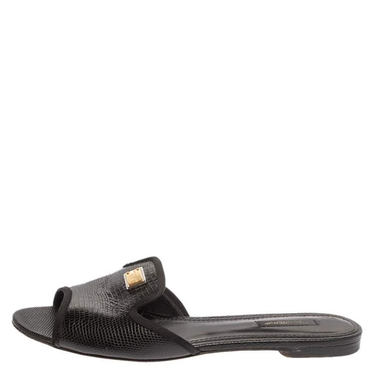 Pre Owned Dolce and Gabbana Black Lizard Embossed Leather Sofia Slides Size 39