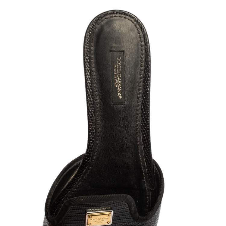 Pre Owned Dolce and Gabbana Black Lizard Embossed Leather Sofia Slides Size 39