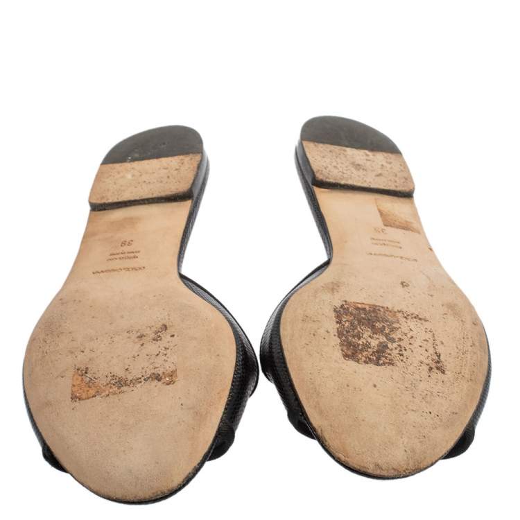 Pre Owned Dolce and Gabbana Black Lizard Embossed Leather Sofia Slides Size 39