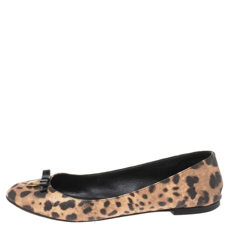 Pre Owned Dolce & Gabbana Brown Animal Print Canvas Bow Detail Ballet Flat Size 39
