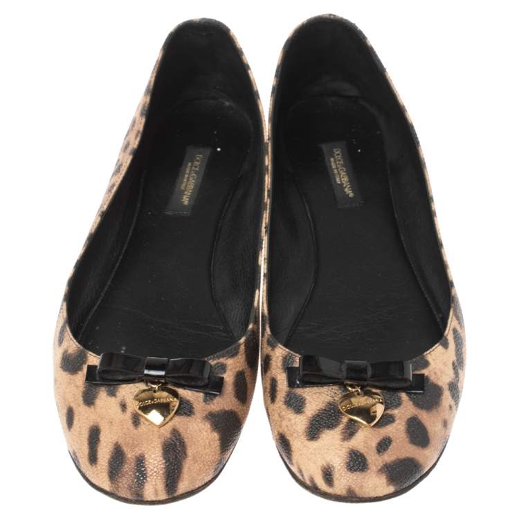 Pre Owned Dolce & Gabbana Brown Animal Print Canvas Bow Detail Ballet Flat Size 39