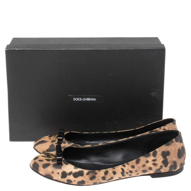 Pre Owned Dolce & Gabbana Brown Animal Print Canvas Bow Detail Ballet Flat Size 39