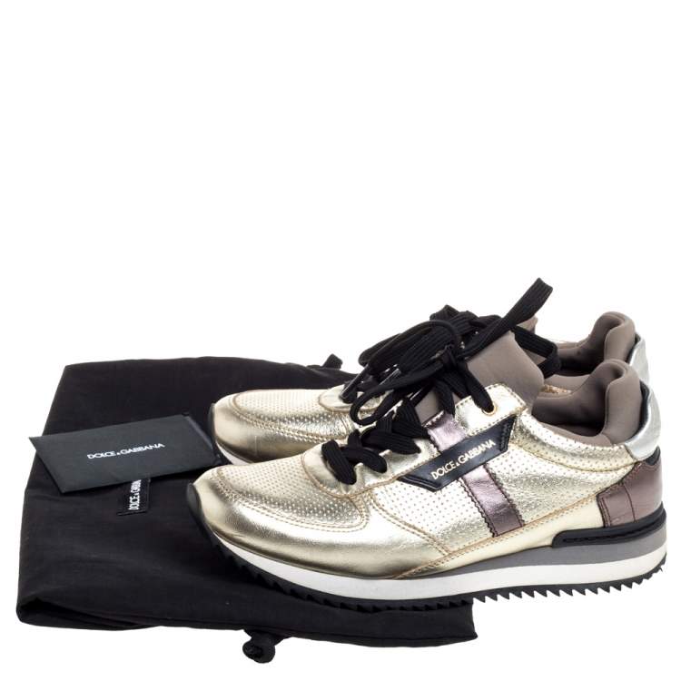 Pre Owned Dolce & Gabbana Metallic Gold Leather And Fabric Perforated Sneakers Size 35