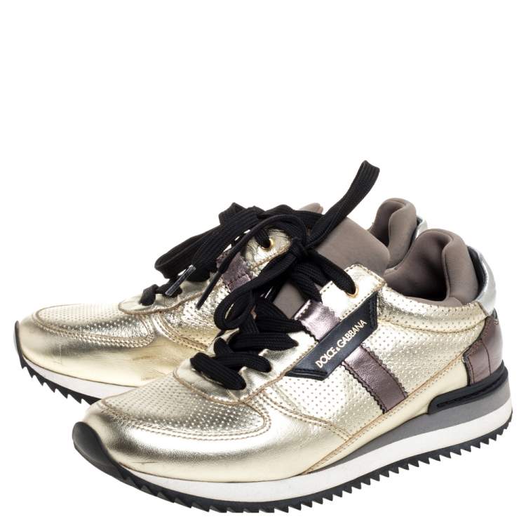Pre Owned Dolce & Gabbana Metallic Gold Leather And Fabric Perforated Sneakers Size 35
