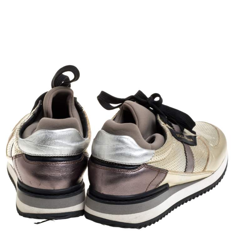 Pre Owned Dolce & Gabbana Metallic Gold Leather And Fabric Perforated Sneakers Size 35