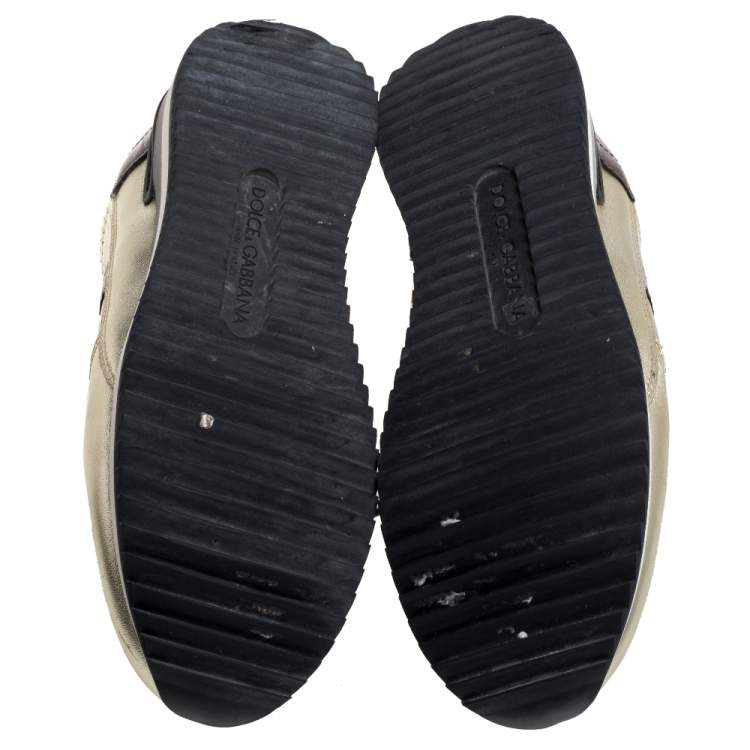 Pre Owned Dolce & Gabbana Metallic Gold Leather And Fabric Perforated Sneakers Size 35