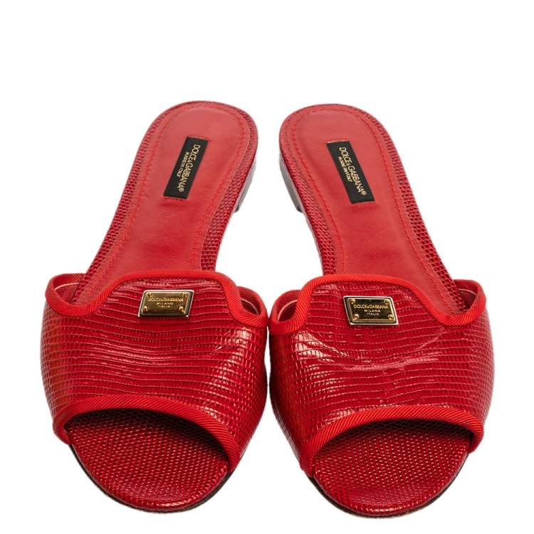 Pre Owned Dolce & Gabbana Red Lizard Embossed Leather Flat Slides Size 38