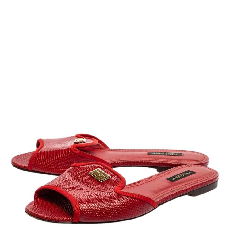 Pre Owned Dolce & Gabbana Red Lizard Embossed Leather Flat Slides Size 38