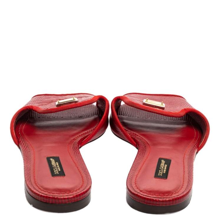 Pre Owned Dolce & Gabbana Red Lizard Embossed Leather Flat Slides Size 38